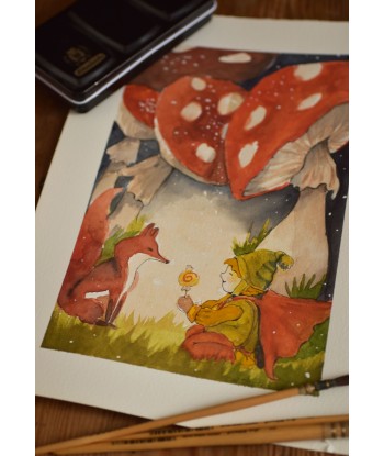 Boy and Fox in the Woods - Original Hand-Painted Watercolor Illustration A4
