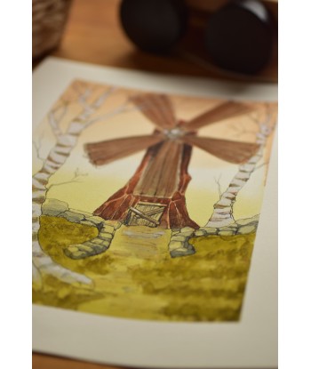 Windmill Among Birches - Original Hand-Painted Watercolor Illustration A4