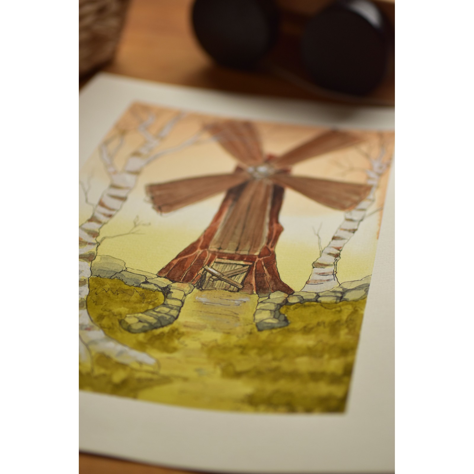 Windmill Among Birches - Original Hand-Painted Watercolor Illustration A4