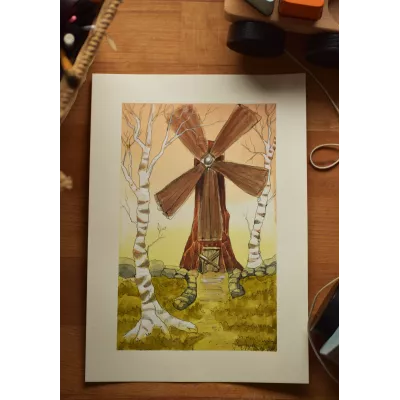 Windmill Among Birches – Original Watercolor Illustration, A4