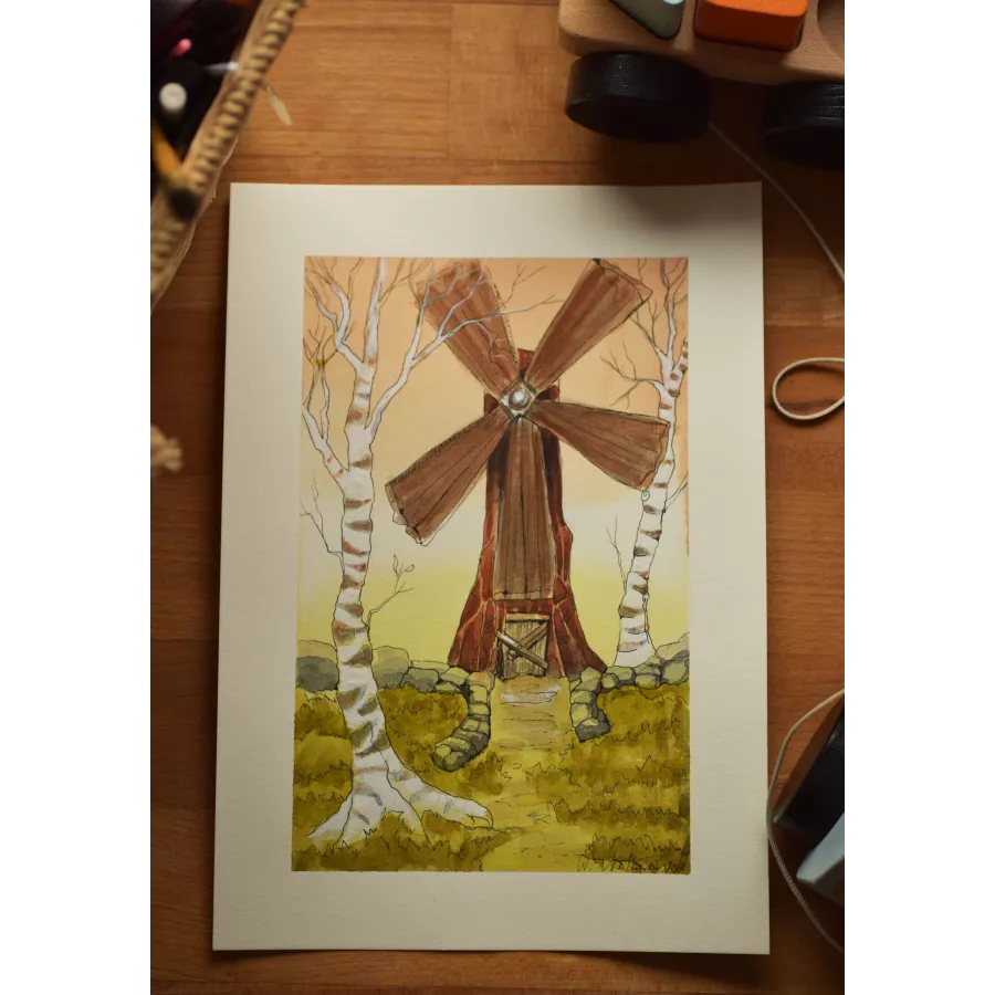 Windmill Among Birches – Original Watercolor Illustration, A4