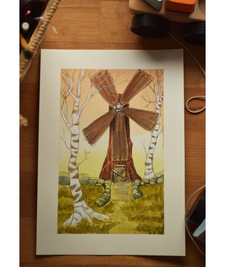 Windmill Among Birches - Original Hand-Painted Watercolor Illustration A4