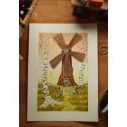 Windmill Among Birches – Original Watercolor Illustration, A4