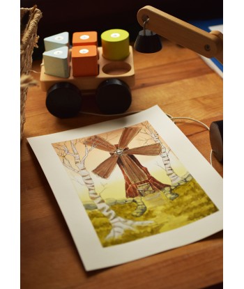 Windmill Among Birches - Original Hand-Painted Watercolor Illustration A4