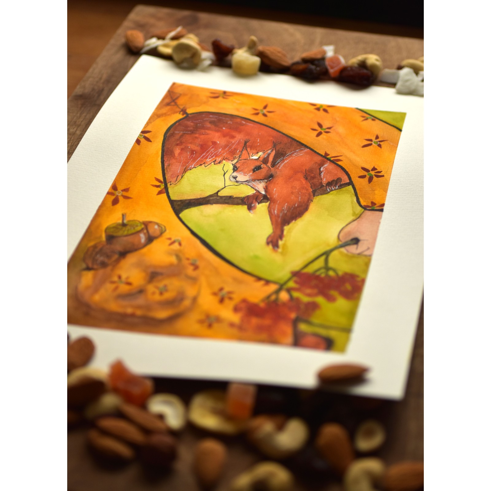 Curious Squirrel Watching Pockets - Original Hand-Painted Watercolor Illustration A4