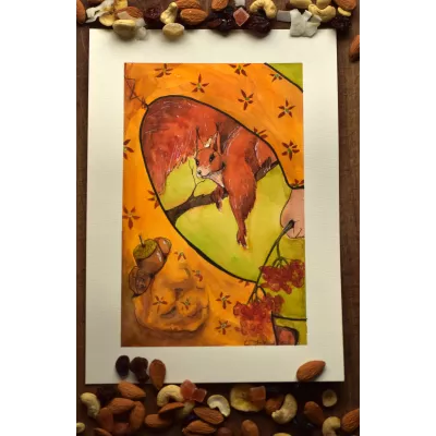 Curious Squirrel Watching Pockets – Original Watercolor Illustration, A4