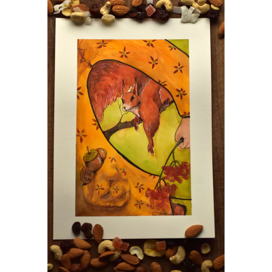 Curious Squirrel Watching Pockets – Original Watercolor Illustration, A4
