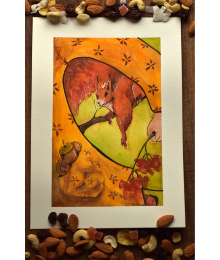 Curious Squirrel Watching Pockets - Original Hand-Painted Watercolor Illustration A4