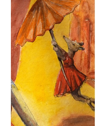 Curious Mouse Stealing Umbrella - Original Hand-Painted Watercolor Illustration 24x32cm
