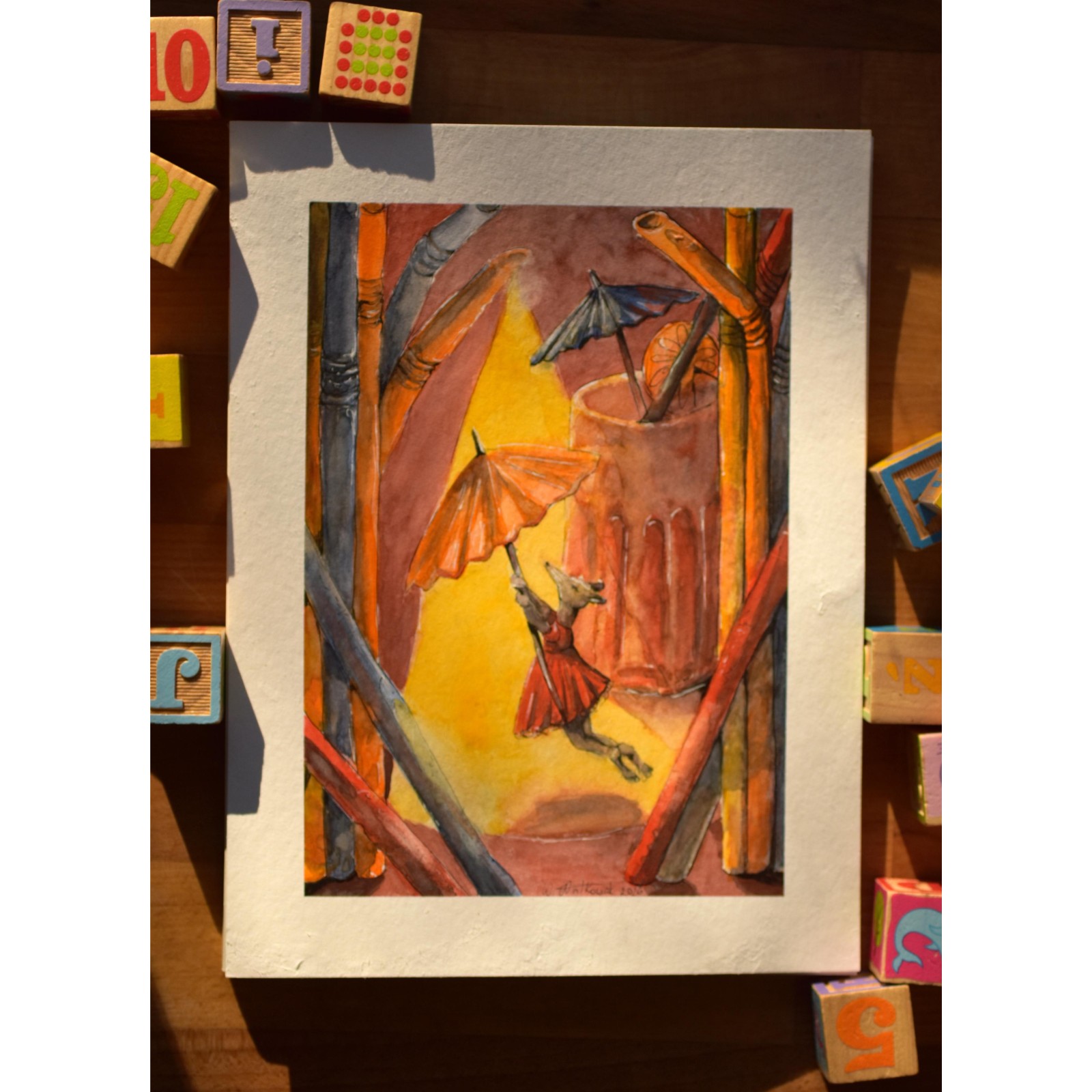 Curious Mouse Stealing Umbrella - Original Hand-Painted Watercolor Illustration 24x32cm