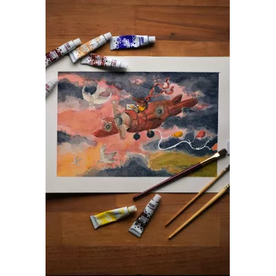 Young Aviator's Dream – Original Watercolor Illustration, 26x36cm