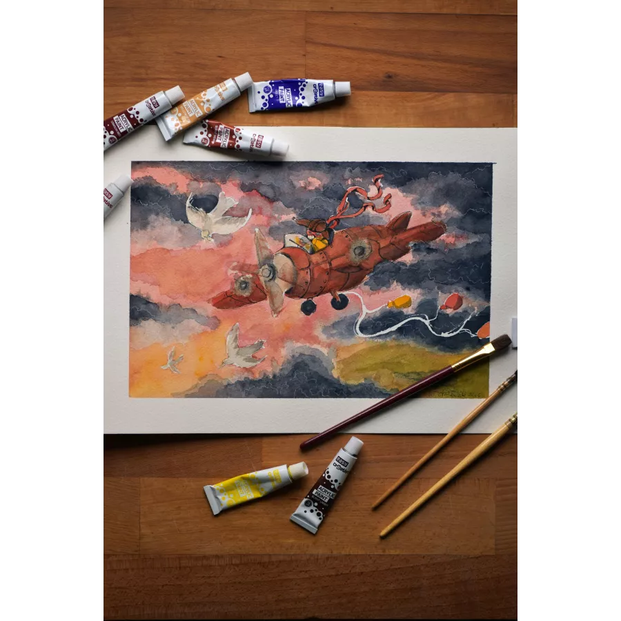 Young Aviator's Dream – Original Watercolor Illustration, 26x36cm
