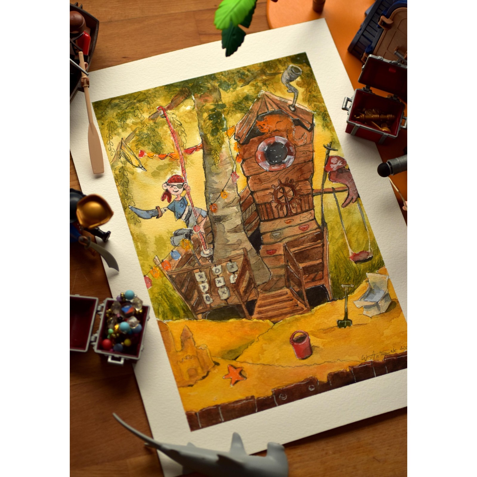 Pirate Treehouse Adventure - Watercolor Illustration 26x36cm | Original Nursery Art | Kids Room Decor