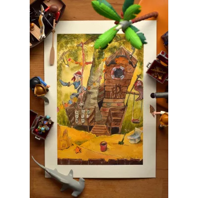 Pirate Treehouse Adventure – Original Watercolor Illustration, 26x36cm