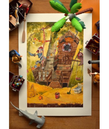 Pirate Treehouse Adventure - Watercolor Illustration 26x36cm | Original Nursery Art | Kids Room Decor