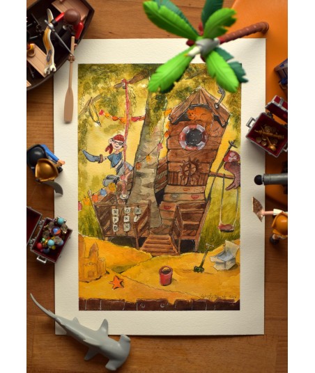 Pirate Treehouse Adventure - Watercolor Illustration 26x36cm | Original Nursery Art | Kids Room Decor