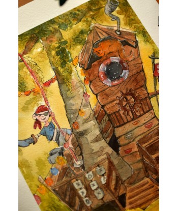 Pirate Treehouse Adventure - Watercolor Illustration 26x36cm | Original Nursery Art | Kids Room Decor