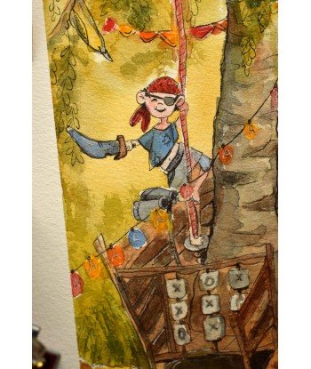 Pirate Treehouse Adventure - Watercolor Illustration 26x36cm | Original Nursery Art | Kids Room Decor