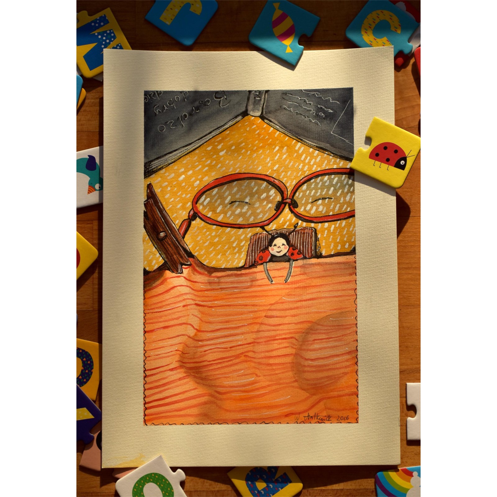 Curious Ladybug Reading Book - Original Hand-Painted Watercolor Illustration A4