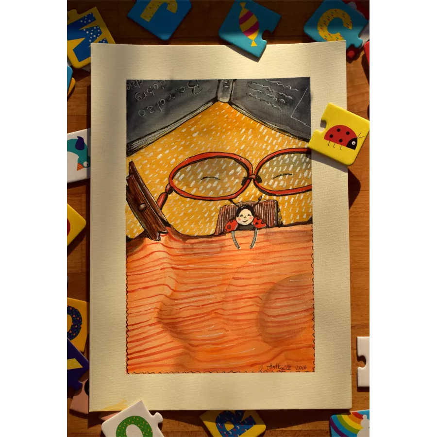 Curious Ladybug Reading Book – Original Watercolor Illustration, A4