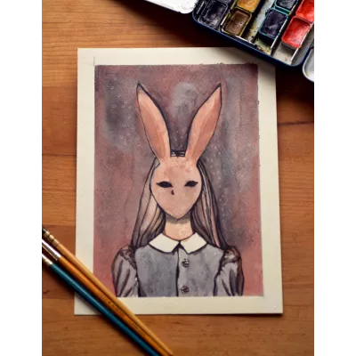 Spooky Hare Lady – Original Watercolor Illustration, 18x24cm