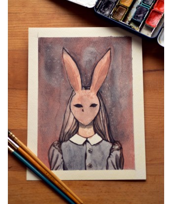 Spooky Hare Lady - Watercolor Illustration 18x24cm | Original Watercolor Art | Gothic Art Decor