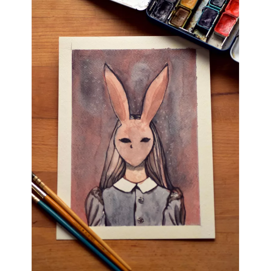 Spooky Hare Lady – Original Watercolor Illustration, 18x24cm