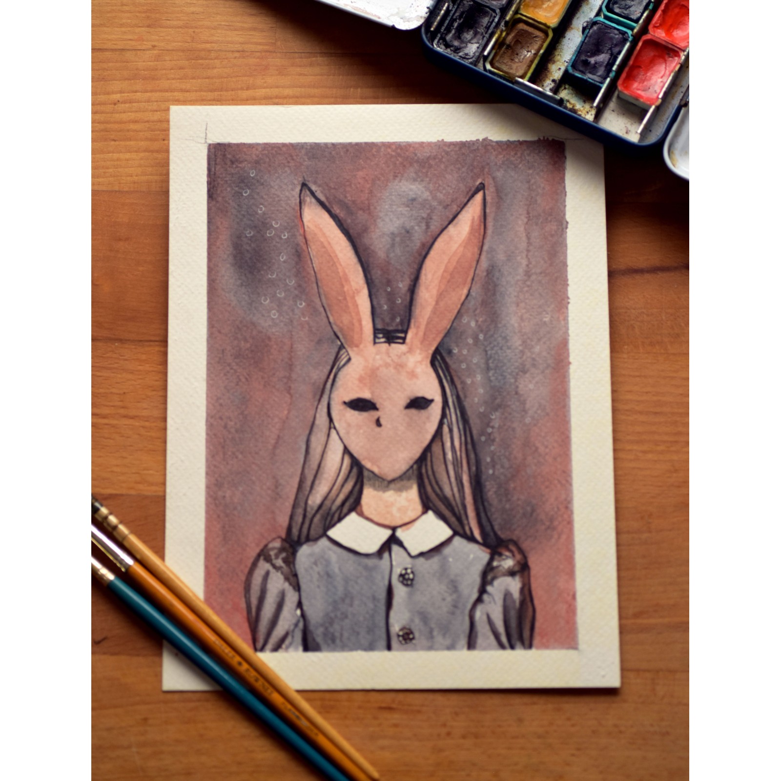 Spooky Hare Lady - Watercolor Illustration 18x24cm | Original Watercolor Art | Gothic Art Decor