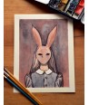 Spooky Hare Lady - Watercolor Illustration 18x24cm | Original Watercolor Art | Gothic Art Decor