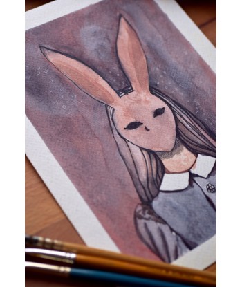 Spooky Hare Lady - Watercolor Illustration 18x24cm | Original Watercolor Art | Gothic Art Decor