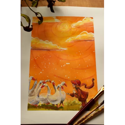 Little Girl Feeding Geese – Original Watercolor Illustration, 21x29,7cm