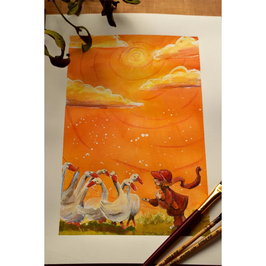 Little Girl Feeding Geese – Original Watercolor Illustration, 21x29,7cm