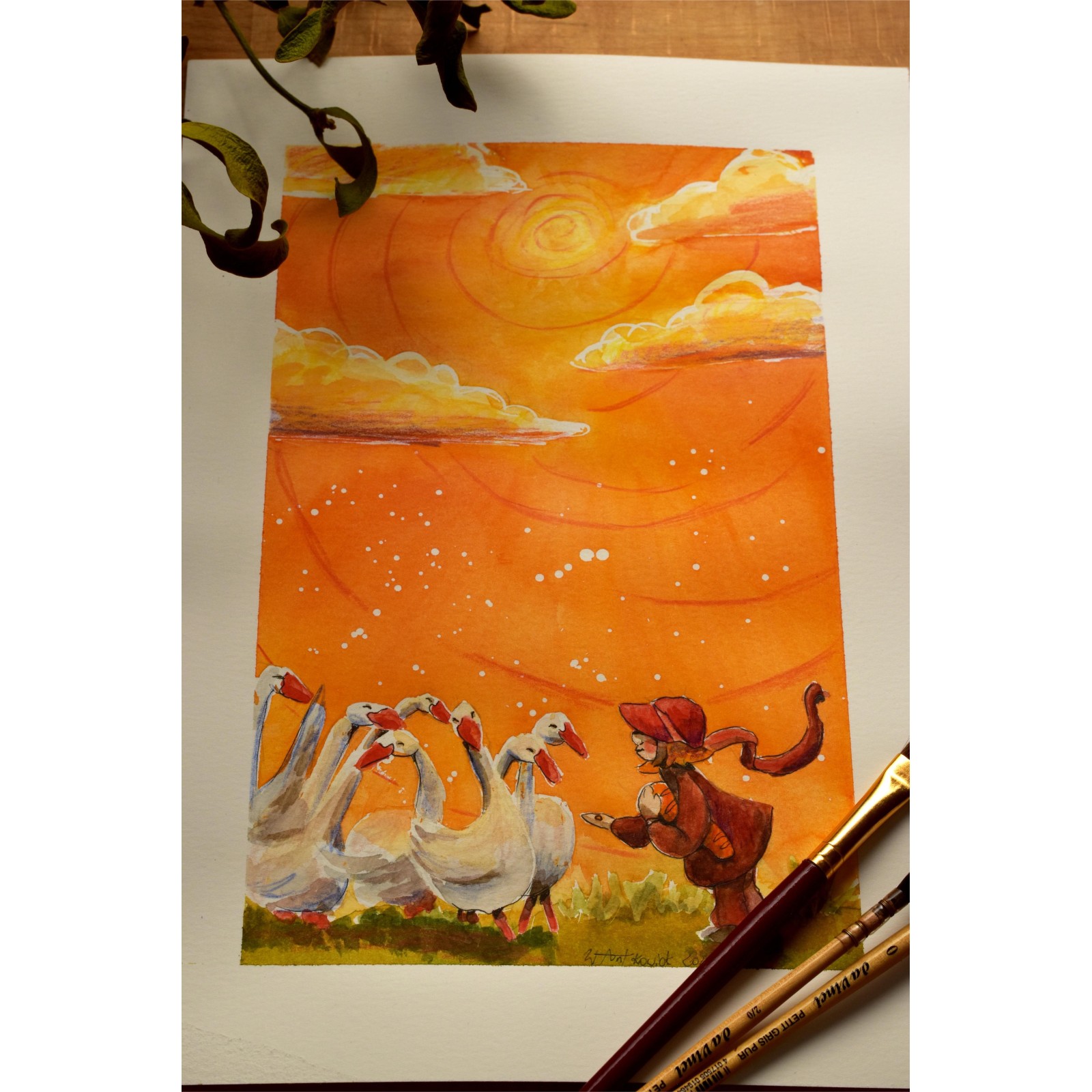 Little Girl Feeding Geese - Watercolor Illustration A4 21x29,7cm | Original Watercolor Art | Nursery Decor