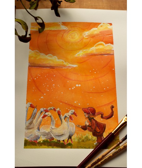 Little Girl Feeding Geese - Watercolor Illustration A4 21x29,7cm | Original Watercolor Art | Nursery Decor