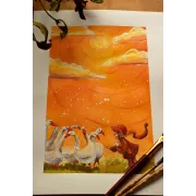 Little Girl Feeding Geese – Original Watercolor Illustration, 21x29,7cm