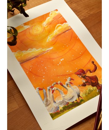 Little Girl Feeding Geese - Watercolor Illustration A4 21x29,7cm | Original Watercolor Art | Nursery Decor