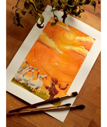 Little Girl Feeding Geese - Watercolor Illustration A4 21x29,7cm | Original Watercolor Art | Nursery Decor