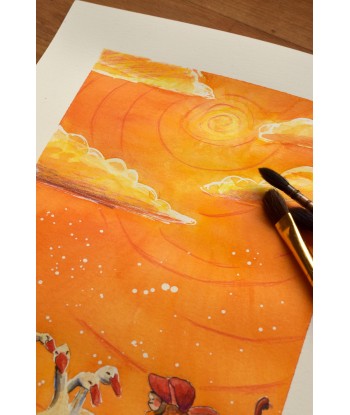 Little Girl Feeding Geese - Watercolor Illustration A4 21x29,7cm | Original Watercolor Art | Nursery Decor