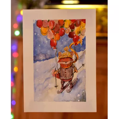 Winter Fox with Balloons – Original Watercolor Illustration, 21x29,7cm