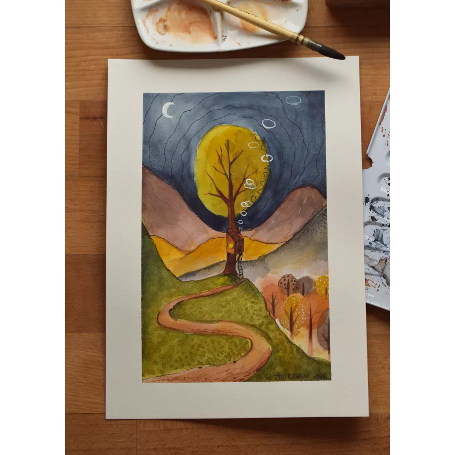 Cozy Treehouse – Original Watercolor Illustration, A4