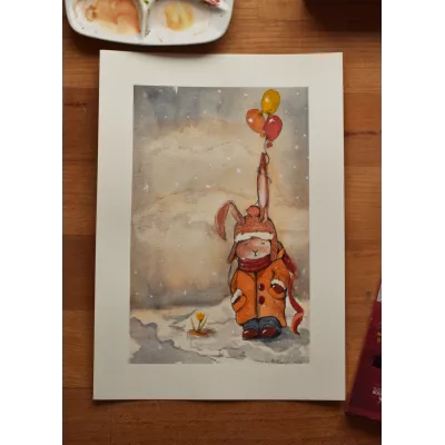 Winter Rabbit With Balloons – Original Watercolor Illustration, A4