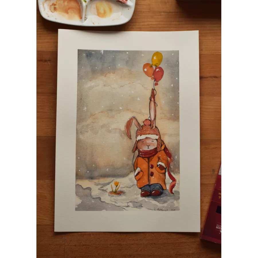 Winter Rabbit With Balloons – Original Watercolor Illustration, A4