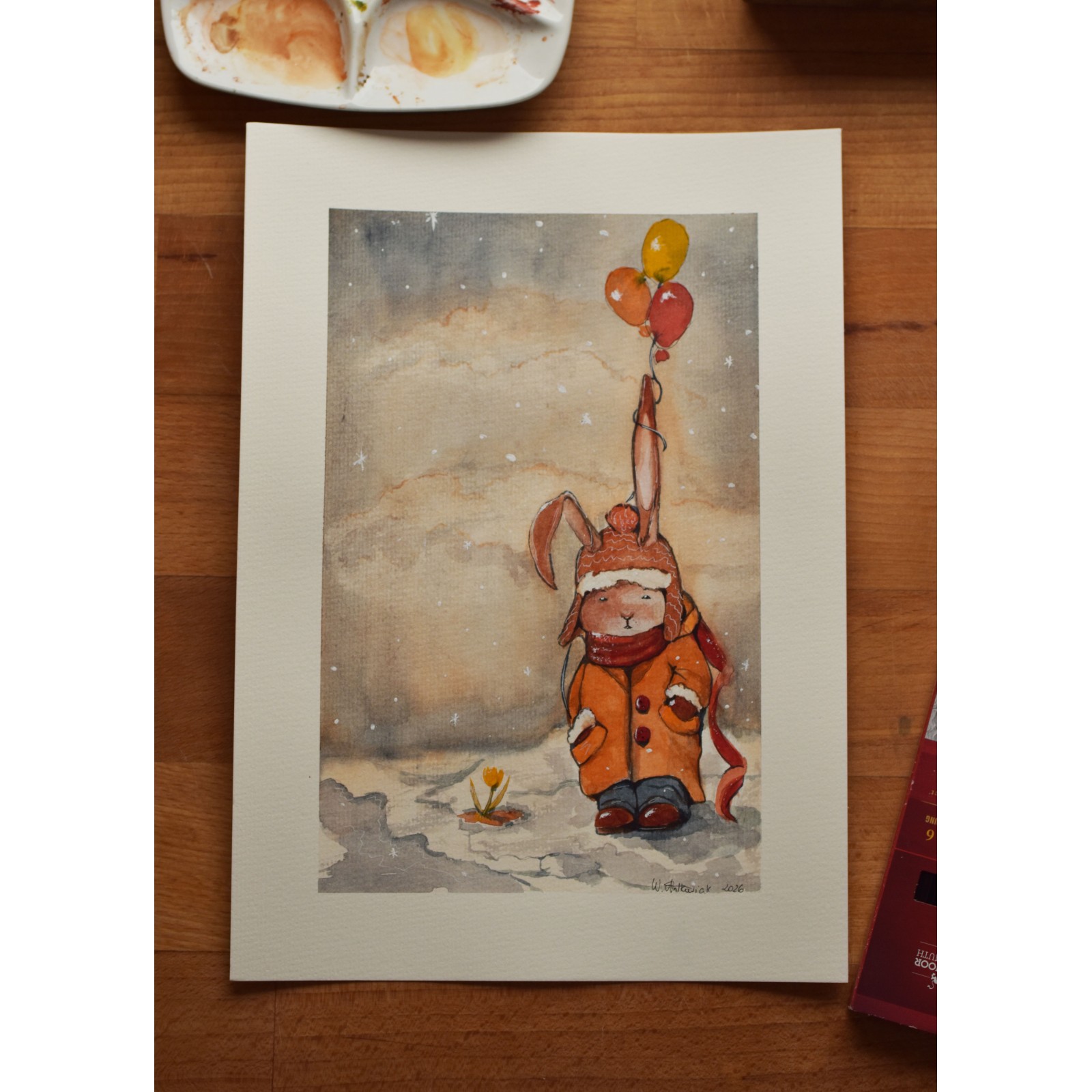 Winter Rabbit With Balloons - Watercolor Illustration A4