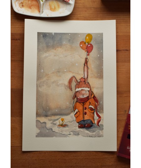 Winter Rabbit With Balloons - Watercolor Illustration A4