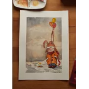 Winter Rabbit With Balloons – Original Watercolor Illustration, A4