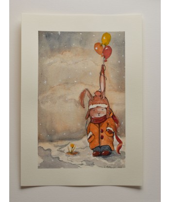 Winter Rabbit With Balloons - Watercolor Illustration A4