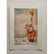 Winter Rabbit With Balloons – Original Watercolor Illustration, A4