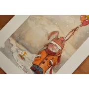 Winter Rabbit With Balloons – Original Watercolor Illustration, A4