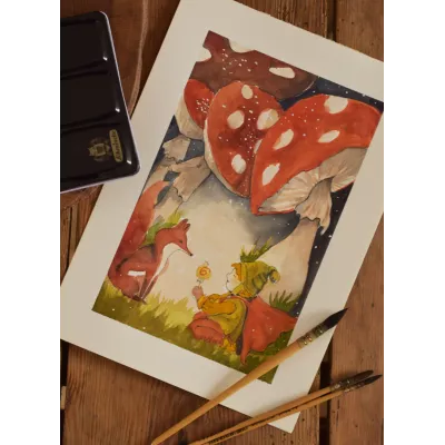 Boy and Fox in the Woods – Original Watercolor Illustration, A4