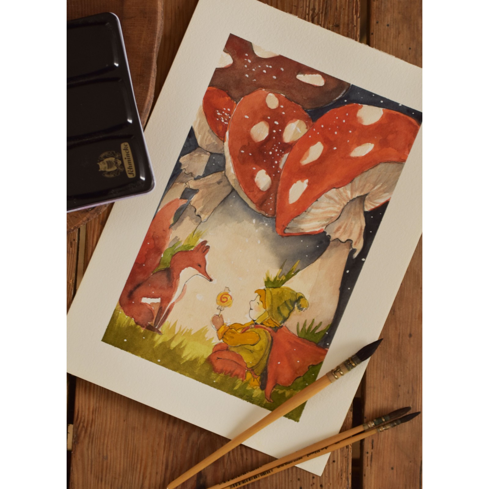 Boy and Fox in the Woods - Original Hand-Painted Watercolor Illustration A4